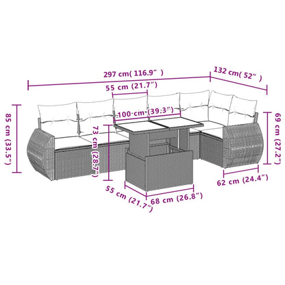 7 pcs conjunto de sofás p/ jardim c/ almofadões vime PE preto