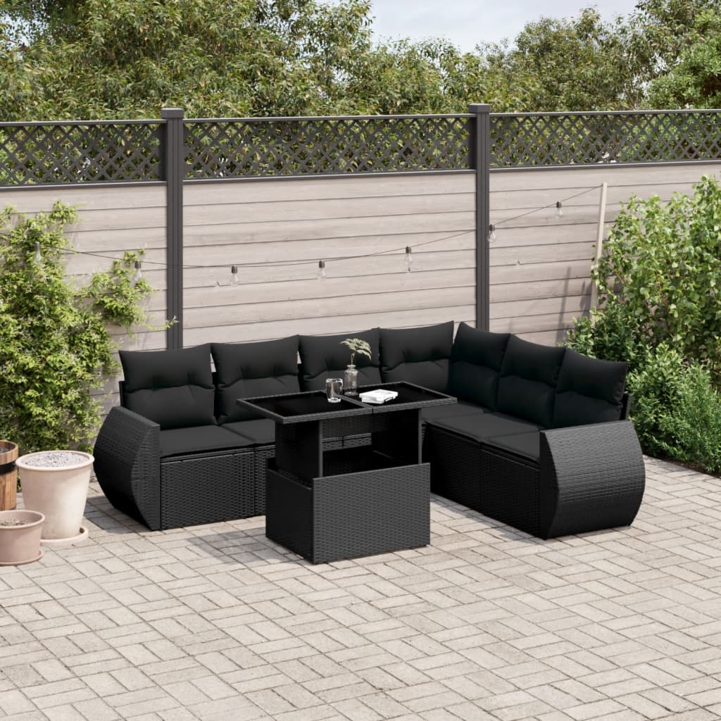 7 pcs conjunto de sofás p/ jardim c/ almofadões vime PE preto