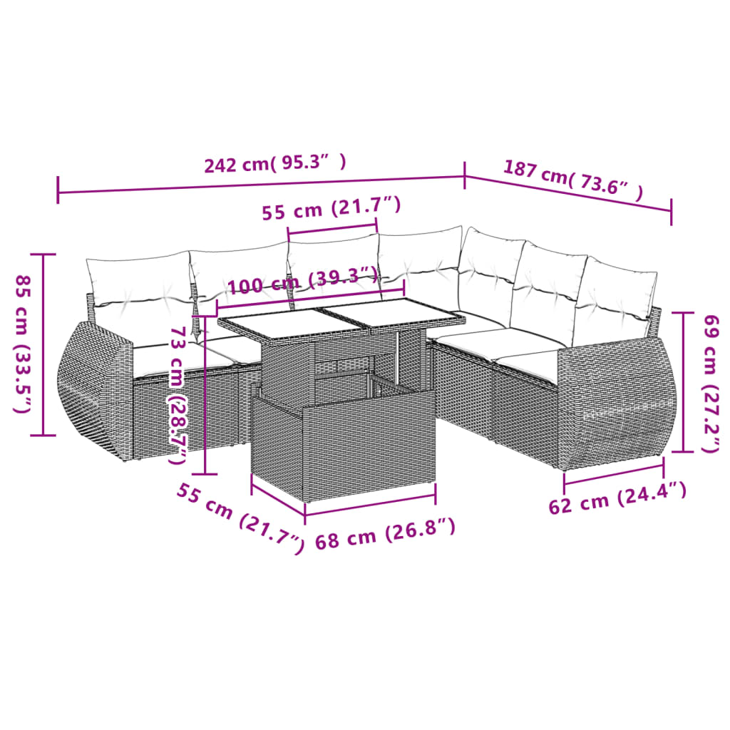 7 pcs conjunto de sofás p/ jardim com almofadões vime PE bege