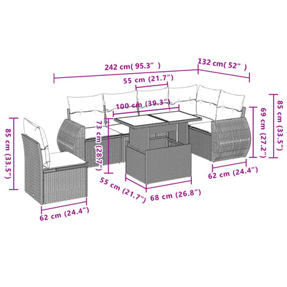 7 pcs conjunto de sofás p/ jardim com almofadões vime PE bege