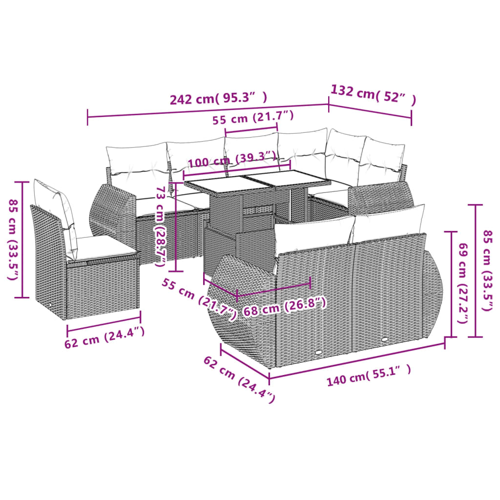 9 pcs conjunto de sofás p/ jardim com almofadões vime PE bege