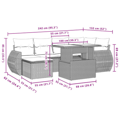 7 pcs conjunto de sofás p/ jardim c/ almofadões vime PE preto