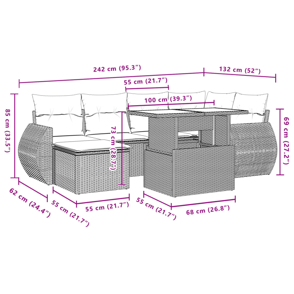 7 pcs conjunto de sofás p/ jardim com almofadões vime PE bege