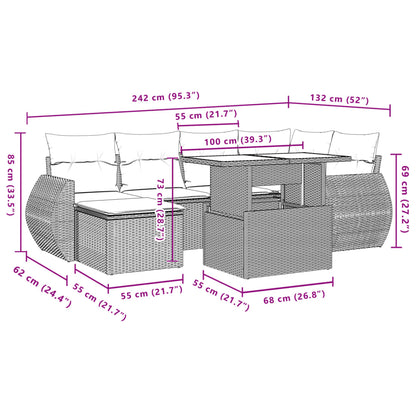 7 pcs conjunto de sofás p/ jardim com almofadões vime PE bege