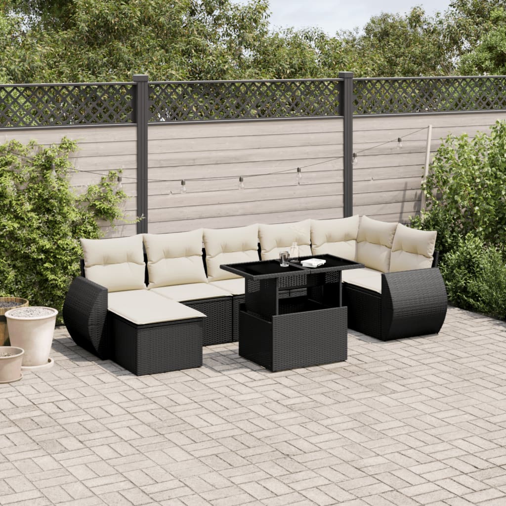 8 pcs conjunto sofás de jardim com almofadões vime PE preto