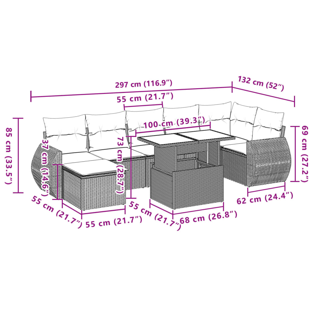 8 pcs conj. sofás jardim c/ almofadões vime PE cinzento-claro