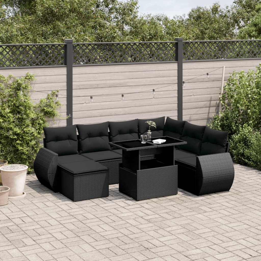 8 pcs conjunto sofás de jardim com almofadões vime PE preto