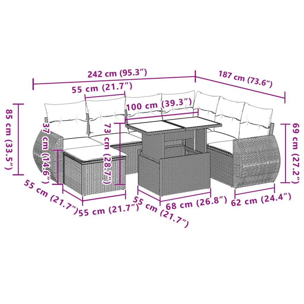 8 pcs conjunto de sofás p/ jardim com almofadões vime PE bege