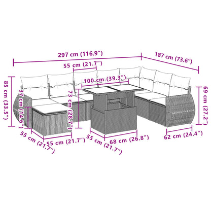 9 pcs conjunto de sofás p/ jardim c/ almofadões vime PE preto