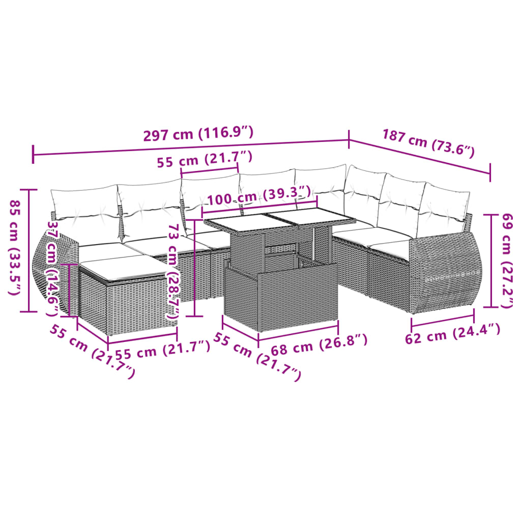 9 pcs conjunto de sofás p/ jardim com almofadões vime PE bege