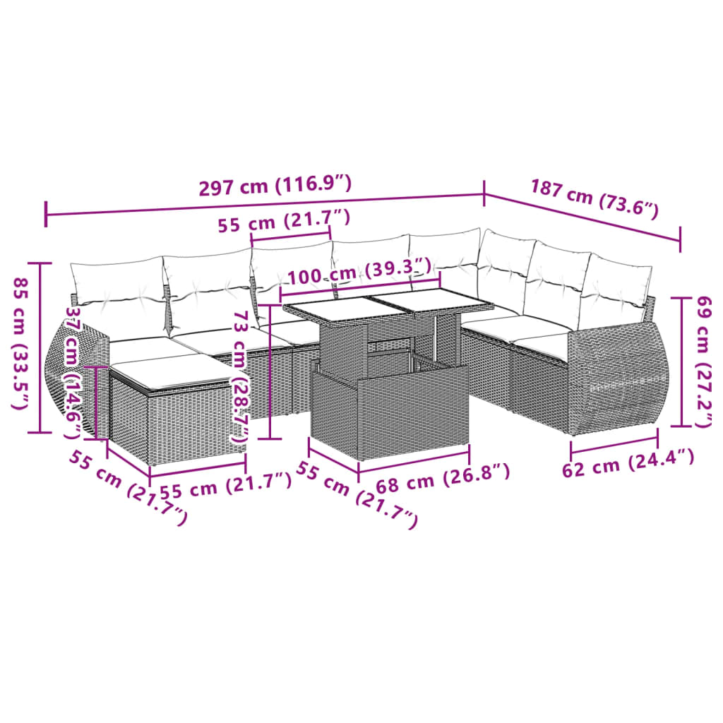 9 pcs conjunto sofás p/ jardim com almofadões vime PE cinzento