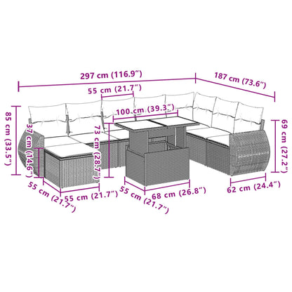 9 pcs conj. sofás jardim com almofadões vime PE cinzento-claro