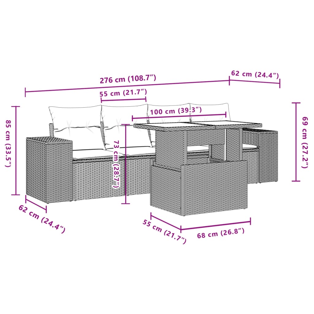 5 pcs conjunto sofás de jardim c/ almofadões vime PE cinzento