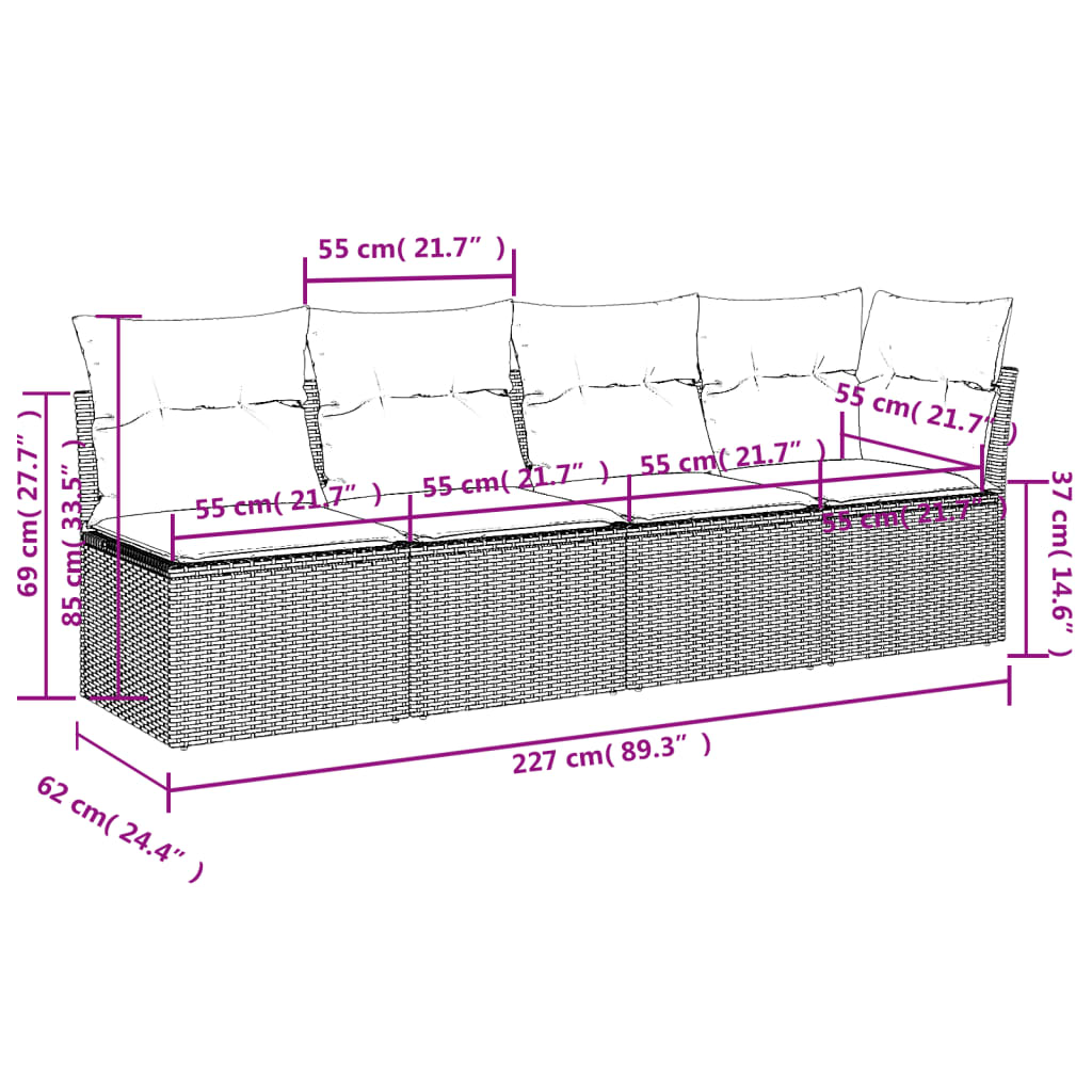 5 pcs conjunto sofás de jardim c/ almofadões vime PE cinzento