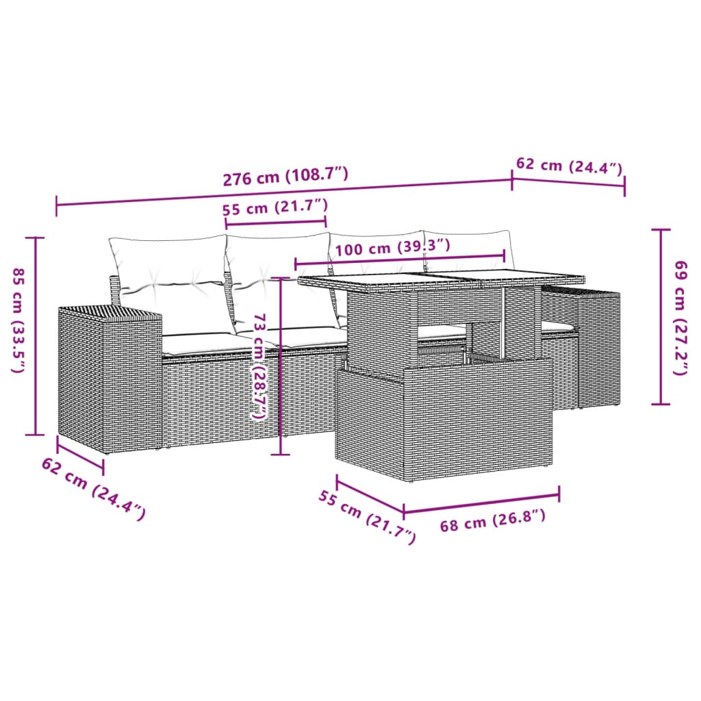 5 pcs conj. sofás jardim c/ almofadões vime PE cinzento-claro