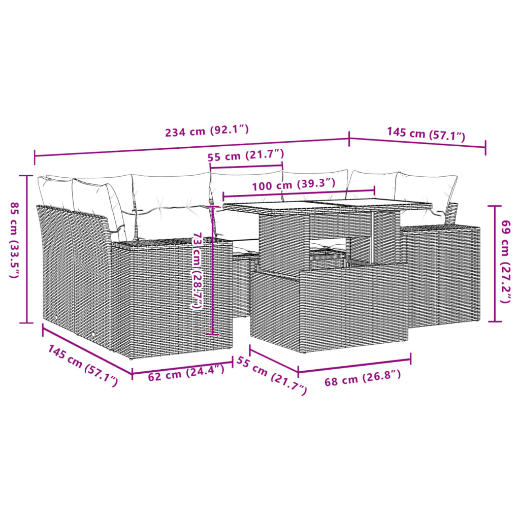 7 pcs conjunto de sofás p/ jardim c/ almofadões vime PE preto