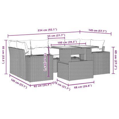 7 pcs conjunto de sofás p/ jardim c/ almofadões vime PE preto