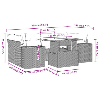 7 pcs conjunto de sofás p/ jardim com almofadões vime PE bege