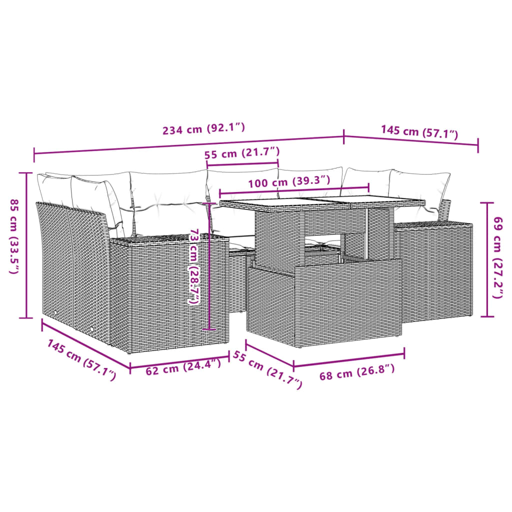 7 pcs conj. sofás jardim com almofadões vime PE cinzento-claro