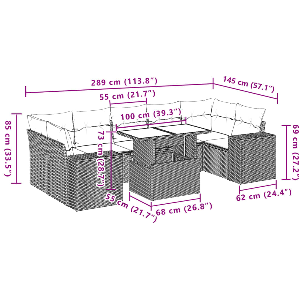 8 pcs conjunto de sofás p/ jardim com almofadões vime PE bege