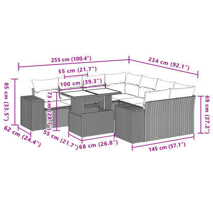 9 pcs conjunto de sofás p/ jardim c/ almofadões vime PE preto