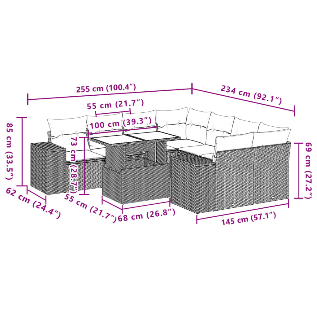 9 pcs conjunto de sofás p/ jardim com almofadões vime PE bege