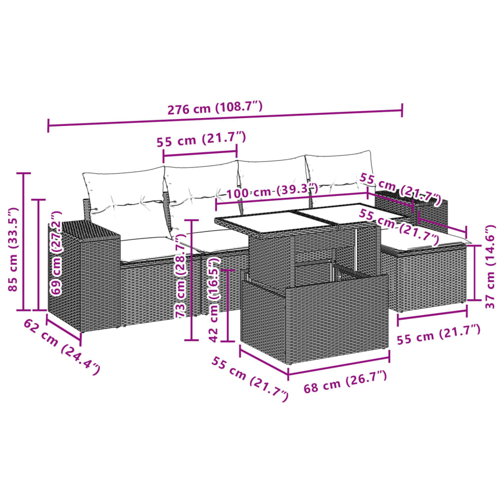 6 pcs conjunto sofás de jardim c/ almofadões vime PE preto