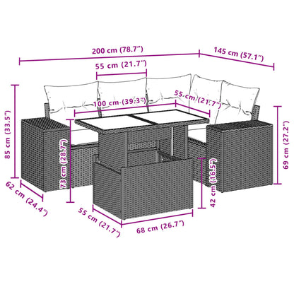 5 pcs conjunto sofás de jardim com almofadões vime PE preto