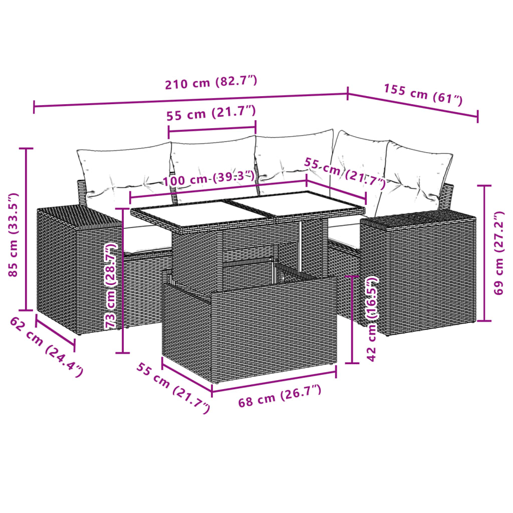 5 pcs conjunto de sofás p/ jardim com almofadões vime PE bege