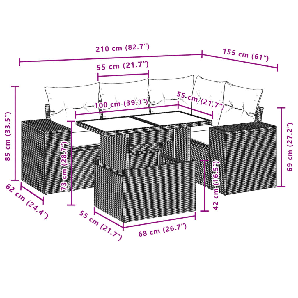 5 pcs conjunto sofás de jardim c/ almofadões vime PE cinzento