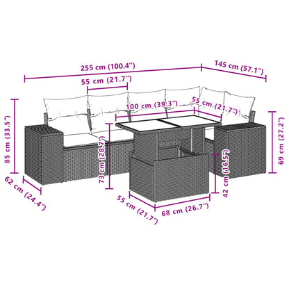 6 pcs conjunto sofás de jardim c/ almofadões vime PE preto