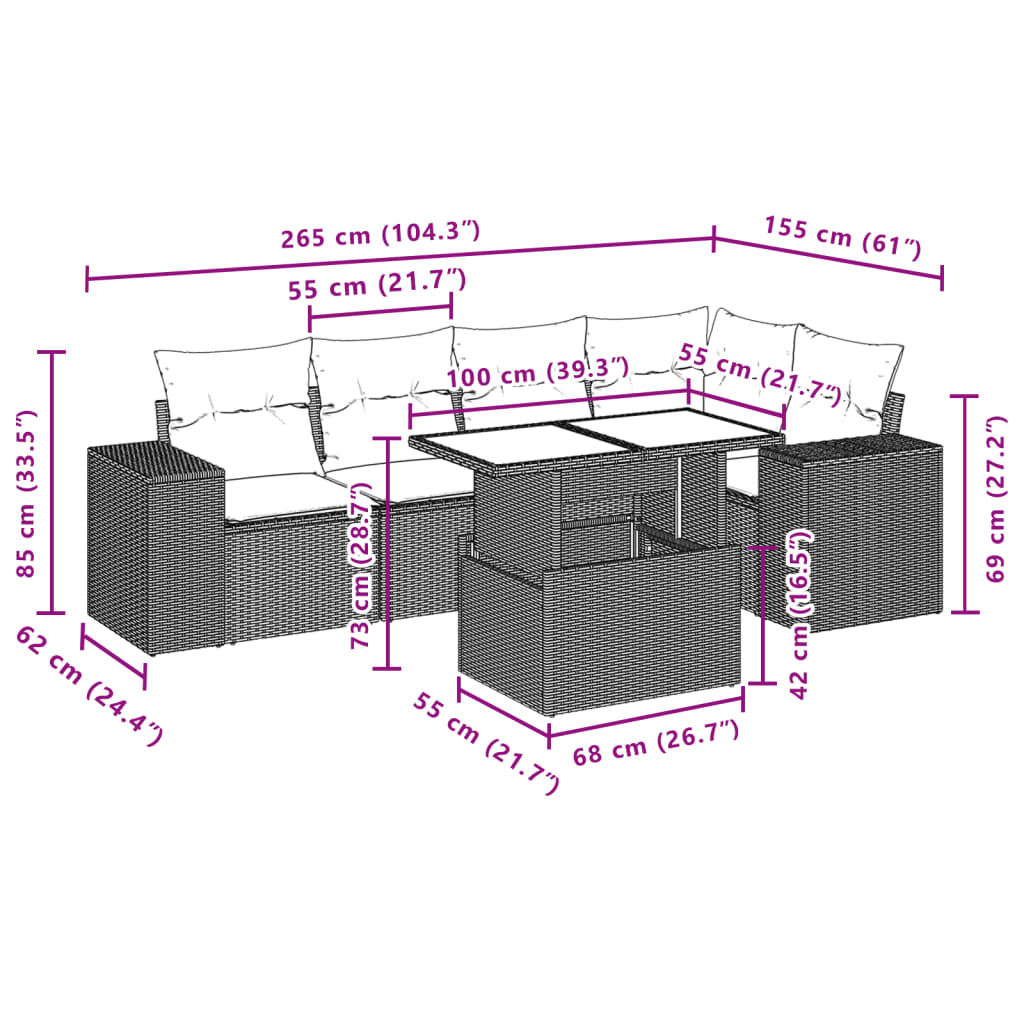 6 pcs conj. sofás jardim com almofadões vime PE cinzento-claro