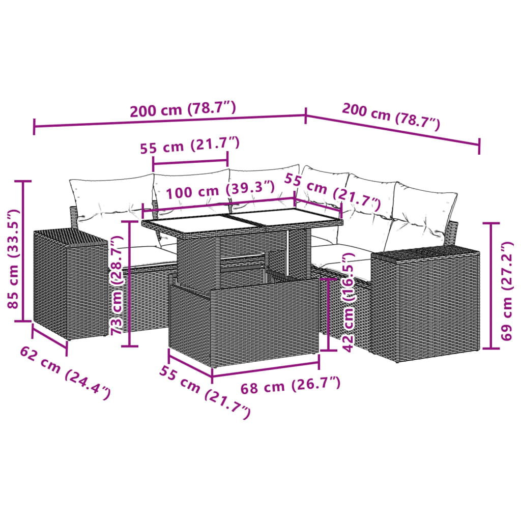 6 pcs conjunto sofás de jardim c/ almofadões vime PE preto