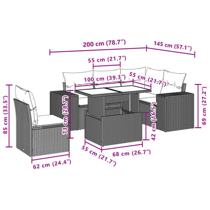 6 pcs conjunto sofás de jardim c/ almofadões vime PE preto