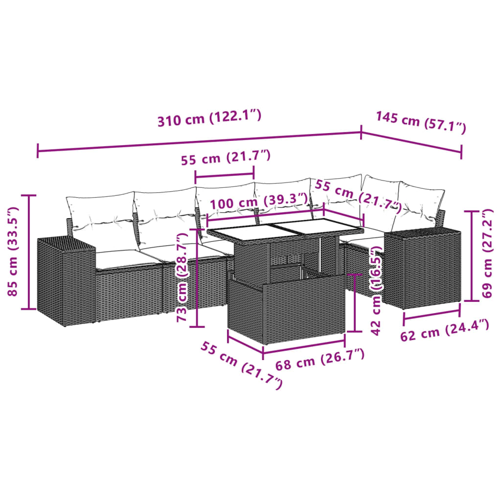 7 pcs conjunto de sofás p/ jardim c/ almofadões vime PE preto