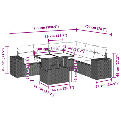 7 pcs conjunto de sofás p/ jardim c/ almofadões vime PE preto