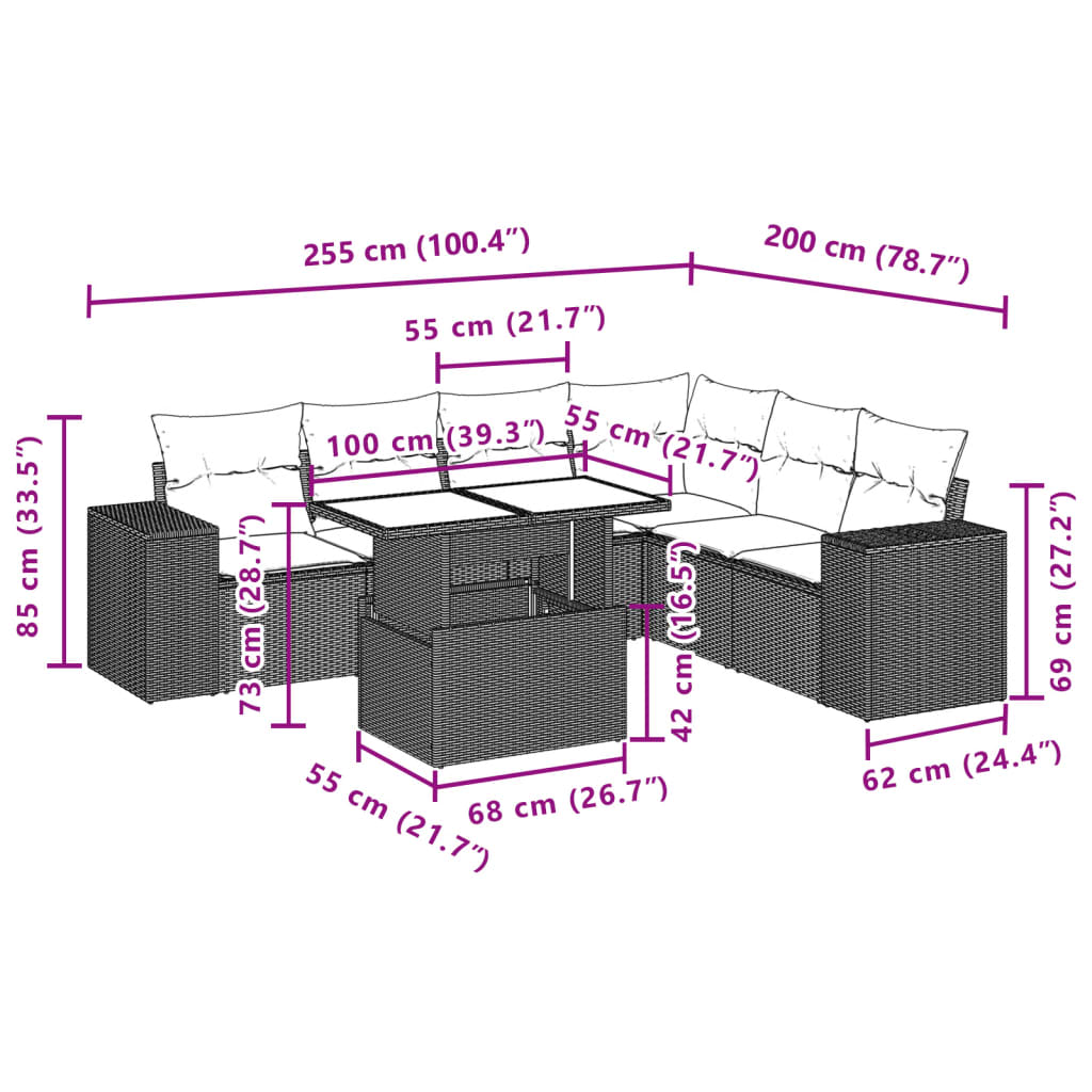 7 pcs conjunto de sofás p/ jardim com almofadões vime PE bege