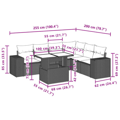 7 pcs conj. sofás jardim com almofadões vime PE cinzento-claro