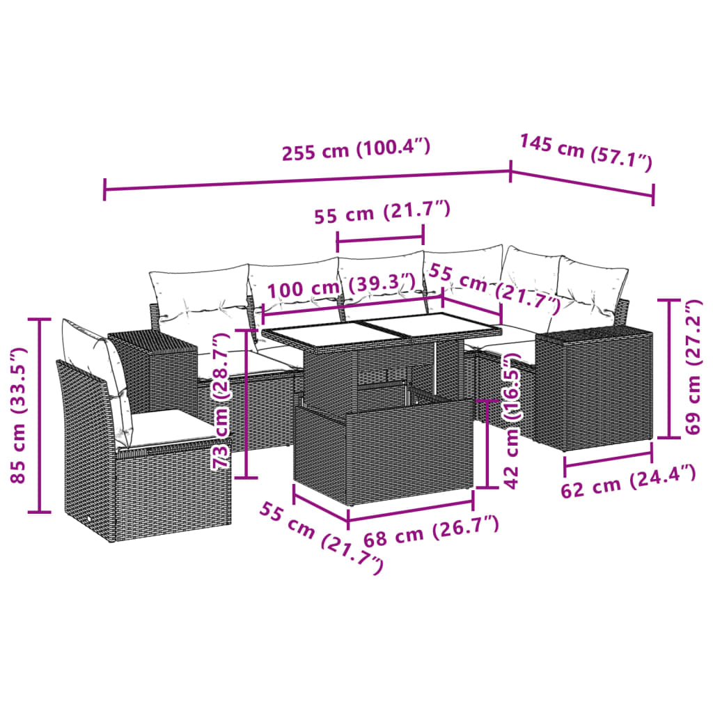 7 pcs conjunto de sofás p/ jardim c/ almofadões vime PE preto