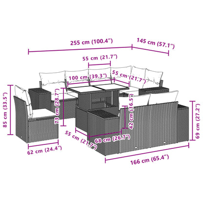 9 pcs conjunto de sofás p/ jardim c/ almofadões vime PE preto