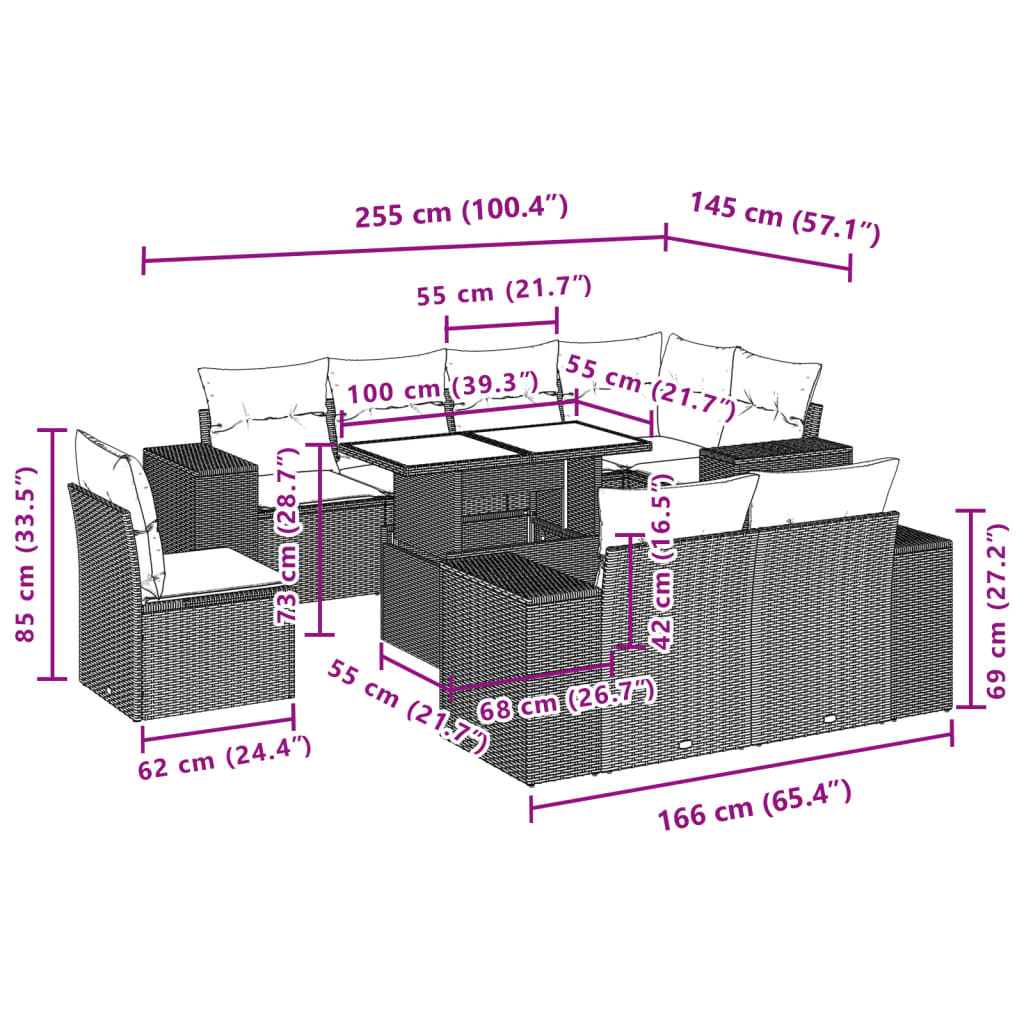 9 pcs conjunto de sofás p/ jardim com almofadões vime PE bege