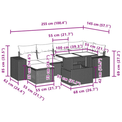 7 pcs conjunto de sofás p/ jardim c/ almofadões vime PE preto