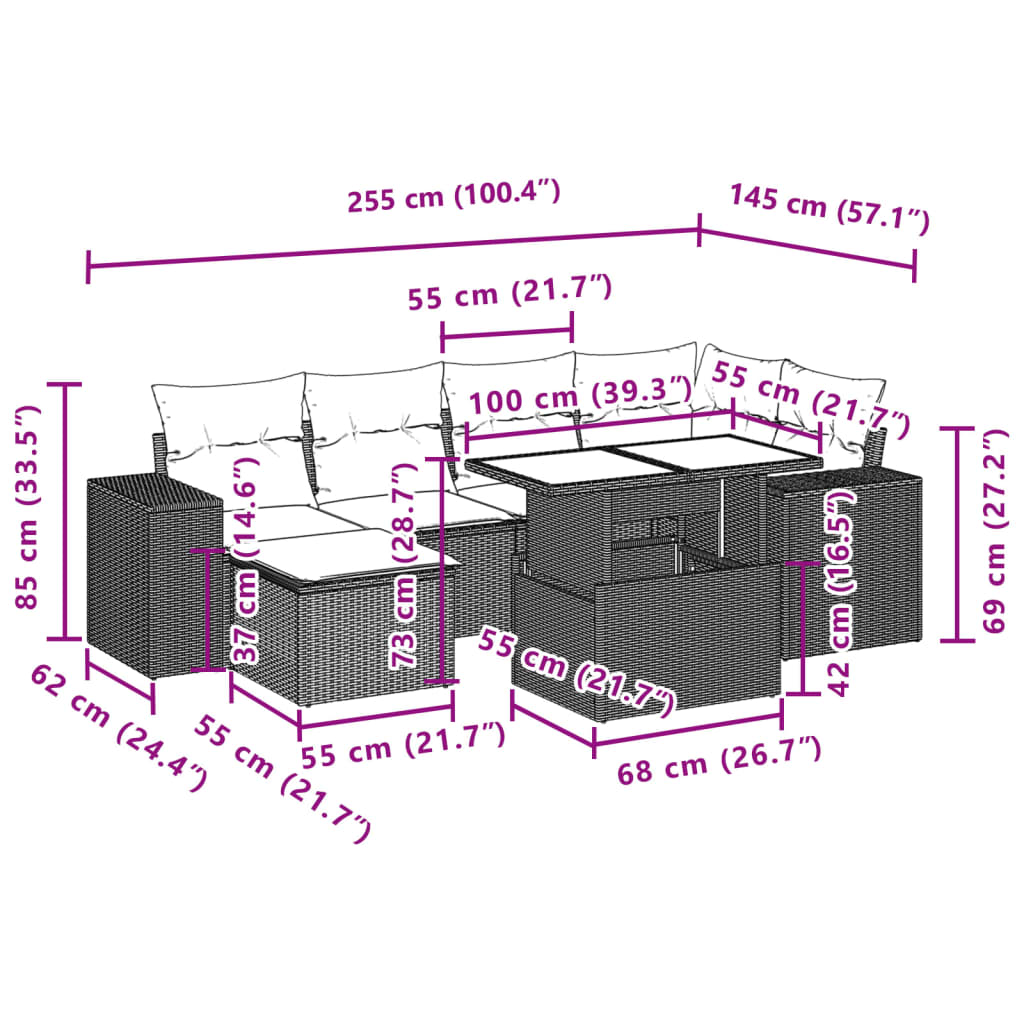 7 pcs conjunto de sofás p/ jardim com almofadões vime PE bege