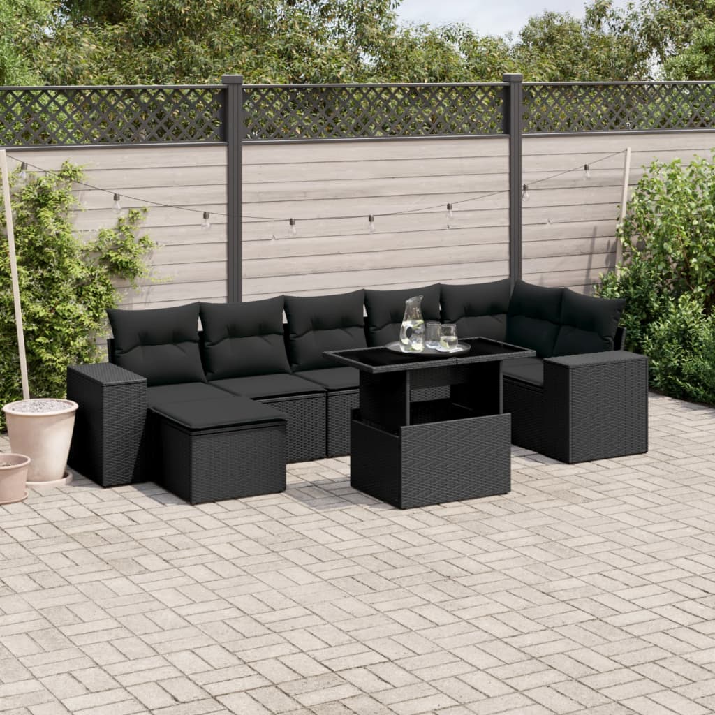 8 pcs conjunto sofás de jardim com almofadões vime PE preto