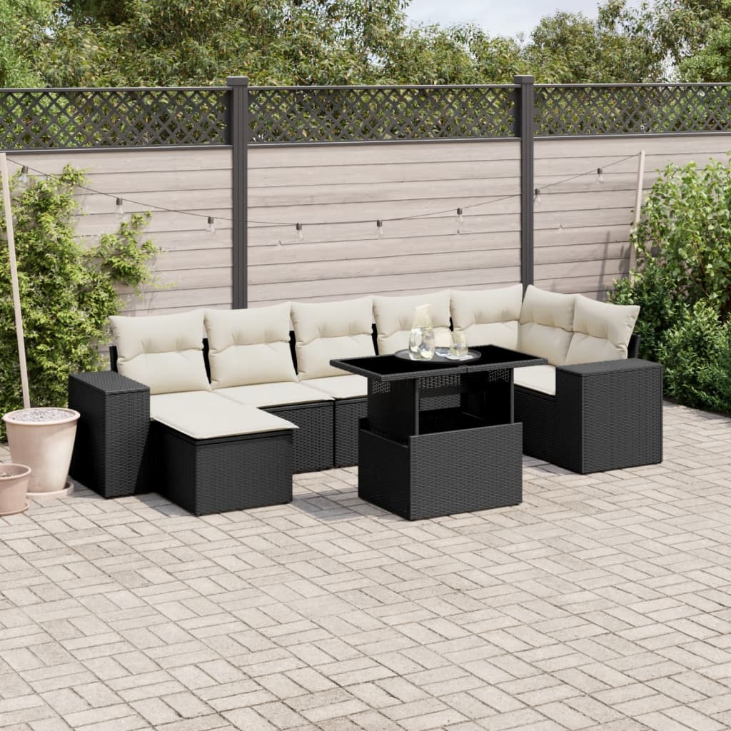 8 pcs conjunto sofás de jardim com almofadões vime PE preto