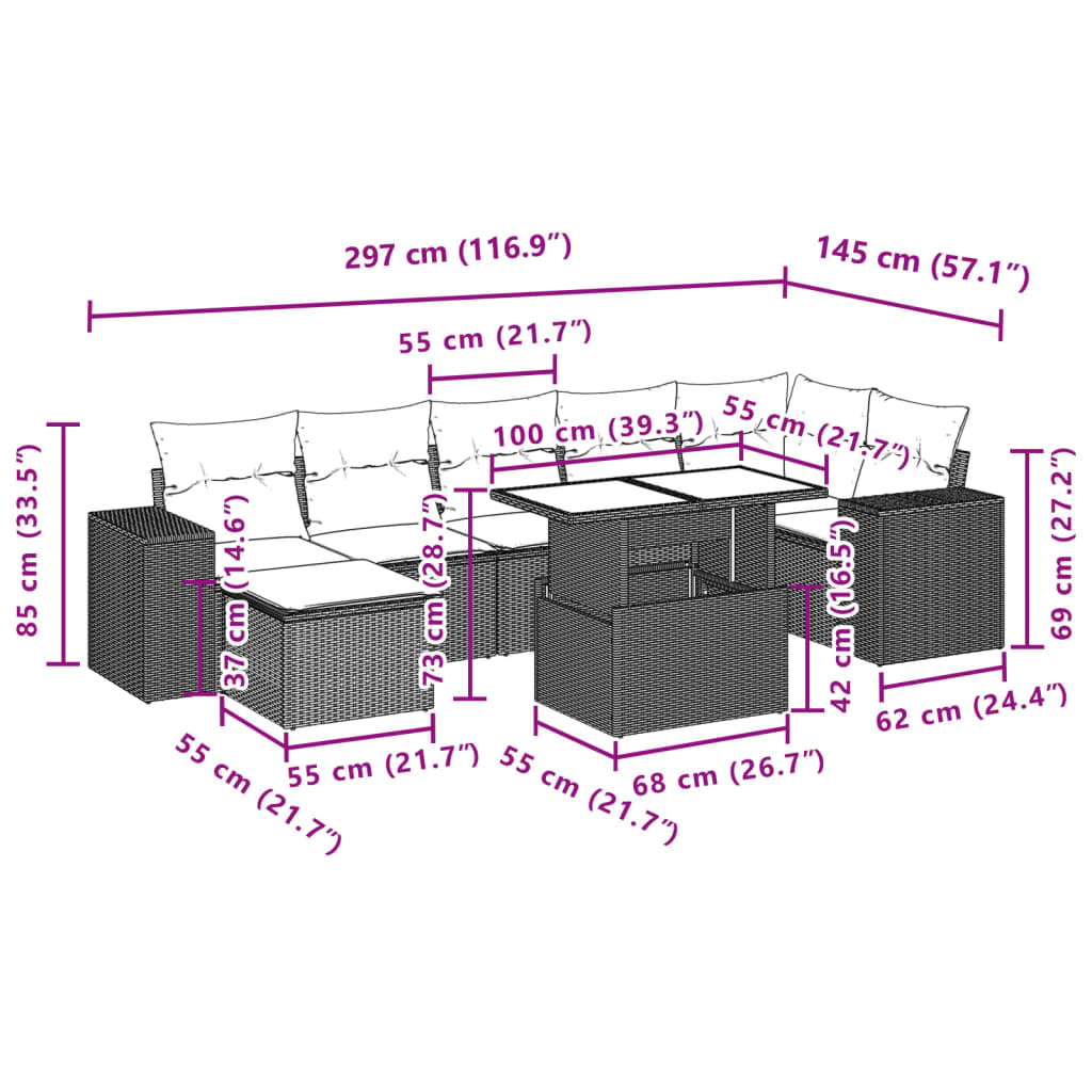 8 pcs conjunto de sofás p/ jardim com almofadões vime PE bege