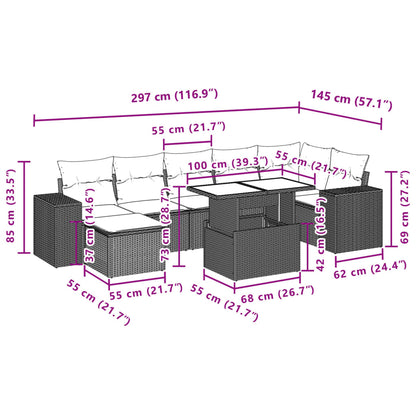 8 pcs conjunto de sofás p/ jardim com almofadões vime PE bege