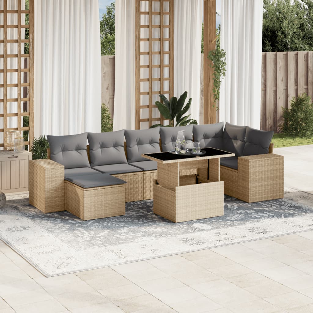 8 pcs conjunto de sofás p/ jardim com almofadões vime PE bege