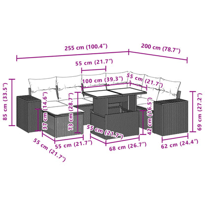 8 pcs conjunto sofás de jardim com almofadões vime PE preto