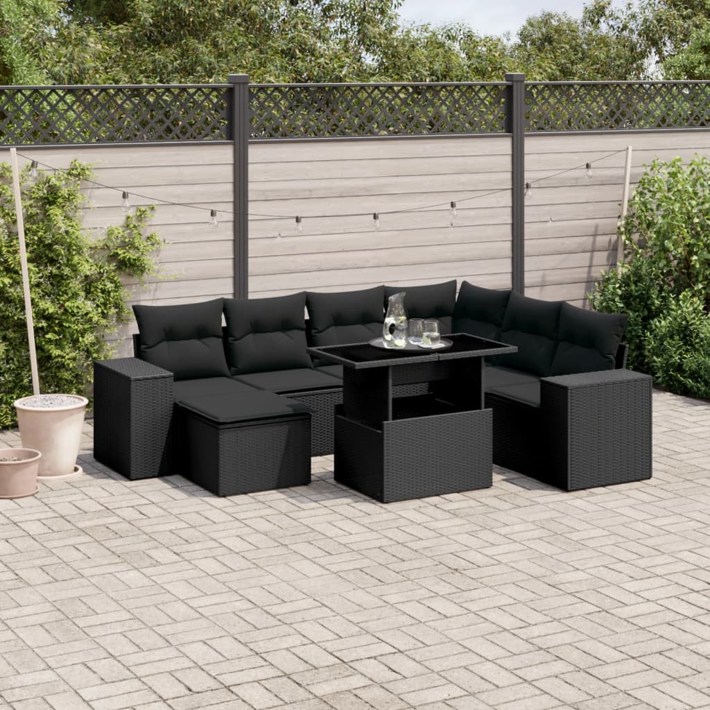 8 pcs conjunto sofás de jardim com almofadões vime PE preto